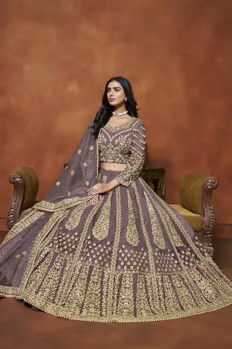Light Purple Embroidered Zari Sequins Coading Net Lehenga