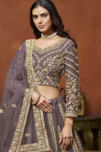 Light Purple Embroidered Zari Sequins Coading Net Lehenga