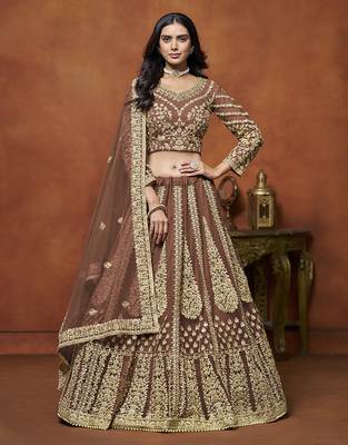Brown Embroidered Zari Sequins Coading Net Lehenga 1