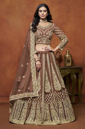 Brown Embroidered Zari Sequins Coading Net Lehenga