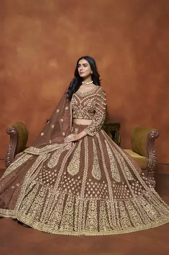 Brown Embroidered Zari Sequins Coading Net Lehenga