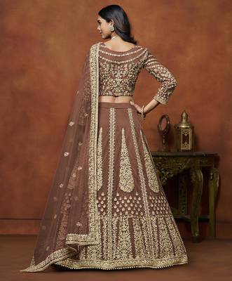 Brown Embroidered Zari Sequins Coading Net Lehenga 3