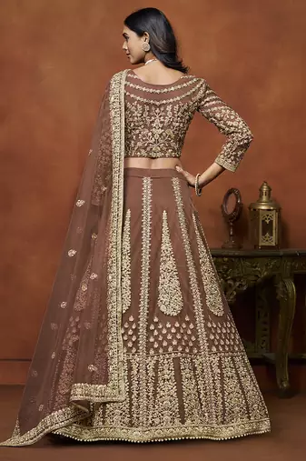 Brown Embroidered Zari Sequins Coading Net Lehenga