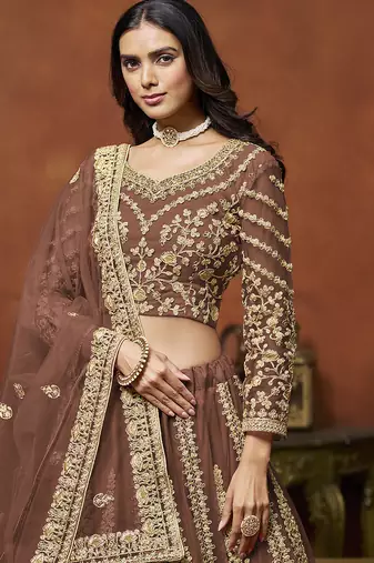 Brown Embroidered Zari Sequins Coading Net Lehenga