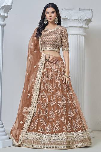 Light Brown Embroidered Zari Sequins Net Lehenga