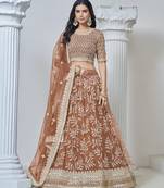 Light Brown Embroidered Zari Sequins Net Lehenga
