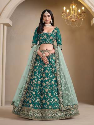 Green Embroidered Zari Sequins Art Silk Lehenga 1