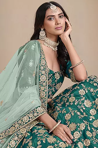 Green Embroidered Zari Sequins Art Silk Lehenga