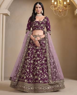 Wine Embroidered Zari Sequins Art Silk Lehenga 1