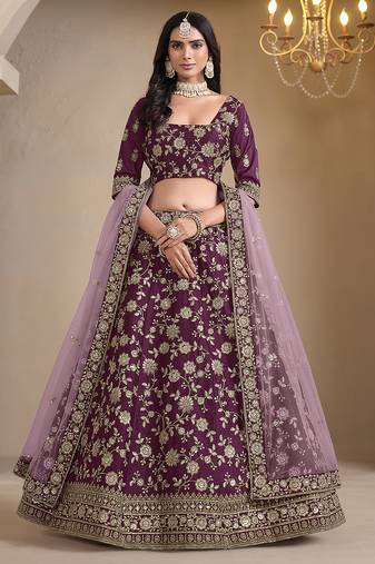 Wine Embroidered Zari Sequins Art Silk Lehenga