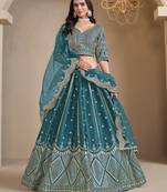 Teal Blue Embroidered Zari Sequins Art Silk Lehenga