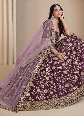 Wine Embroidered Zari Sequins Art Silk Lehenga 2
