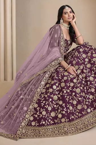 Wine Embroidered Zari Sequins Art Silk Lehenga