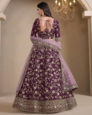 Wine Embroidered Zari Sequins Art Silk Lehenga 3