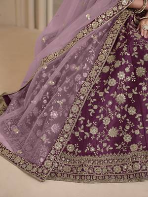 Wine Embroidered Zari Sequins Art Silk Lehenga 4