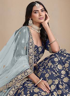 Navy Blue Embroidered Zari Sequins Art Silk Lehenga 2