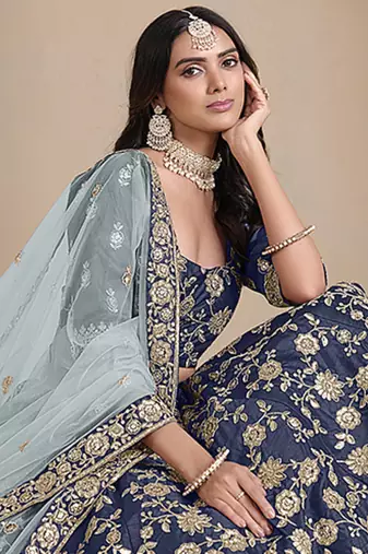 Navy Blue Embroidered Zari Sequins Art Silk Lehenga