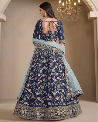 Navy Blue Embroidered Zari Sequins Art Silk Lehenga 3