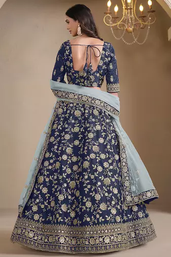 Navy Blue Embroidered Zari Sequins Art Silk Lehenga