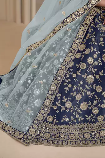 Navy Blue Embroidered Zari Sequins Art Silk Lehenga