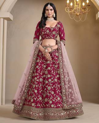 Red Embroidered Zari Sequins Art Silk Lehenga 1