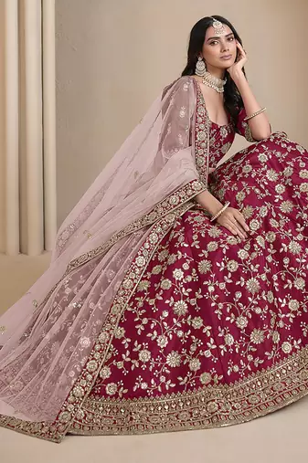 Red Embroidered Zari Sequins Art Silk Lehenga