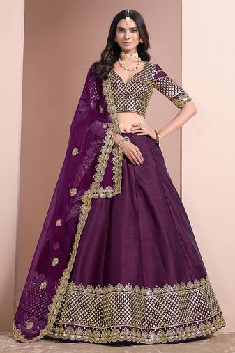 Purple Embroidered Zari Sequins Art Silk Lehenga