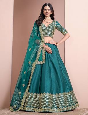 Teal Blue Embroidered Zari Sequins Art Silk Lehenga 1