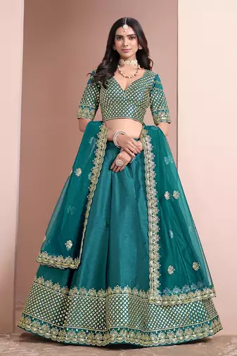 Teal Blue Embroidered Zari Sequins Art Silk Lehenga