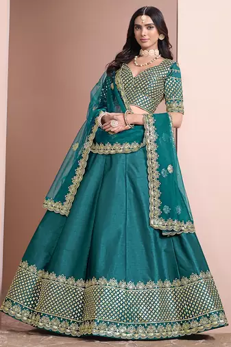 Teal Blue Embroidered Zari Sequins Art Silk Lehenga