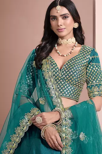 Teal Blue Embroidered Zari Sequins Art Silk Lehenga