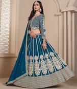 Teal Blue Embroidered Zari Sequins Coading Art Silk Lehenga
