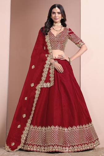 Red Embroidered Zari Sequins Art Silk Lehenga