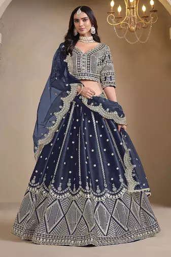 Navy Blue Embroidered Zari Sequins Art Silk Lehenga