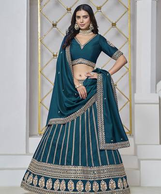 Teal Blue Embroidered Zari Sequins Art Silk Lehenga 1