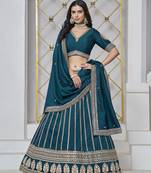 Teal Blue Embroidered Zari Sequins Art Silk Lehenga