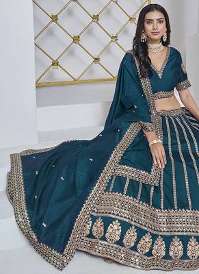 Teal Blue Embroidered Zari Sequins Art Silk Lehenga 2