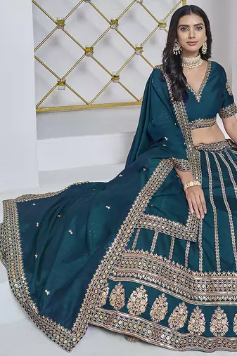 Teal Blue Embroidered Zari Sequins Art Silk Lehenga