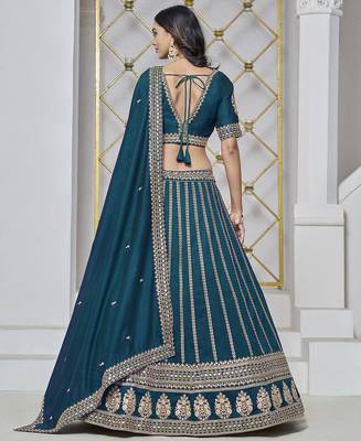 Teal Blue Embroidered Zari Sequins Art Silk Lehenga 3