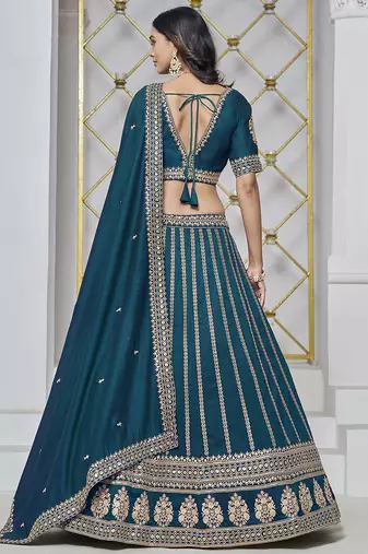 Teal Blue Embroidered Zari Sequins Art Silk Lehenga