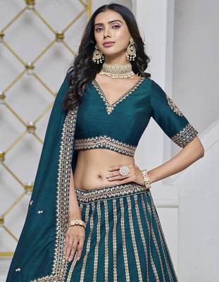 Teal Blue Embroidered Zari Sequins Art Silk Lehenga 4