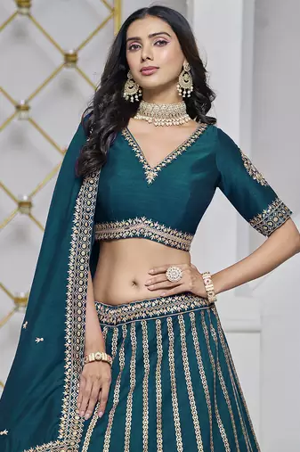 Teal Blue Embroidered Zari Sequins Art Silk Lehenga