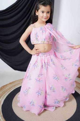 Pink Georgette Sleeveless Printed Lengha Choli for kids
