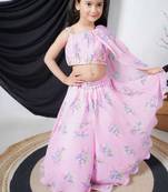 Pink Georgette Sleeveless Printed Lengha Choli for kids