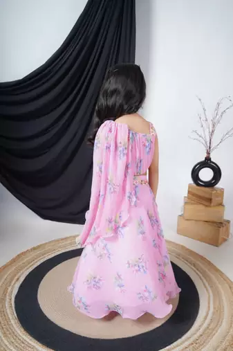 Pink Georgette Sleeveless Printed Lengha Choli for kids