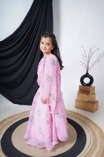 Pink Georgette Sleeveless Printed Lengha Choli for kids