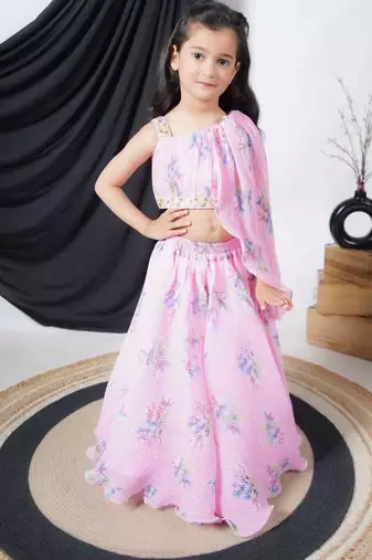 Pink Georgette Sleeveless Printed Lengha Choli for kids