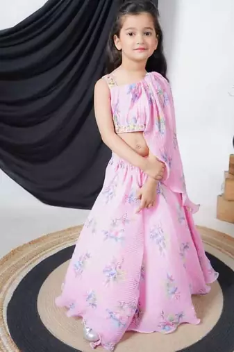 Pink Georgette Sleeveless Printed Lengha Choli for kids