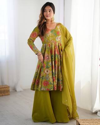 Green floral printed anarkali kurti with palazzo & dupatta for festive wear 1
