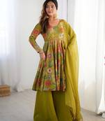 Green floral printed anarkali kurti with palazzo & dupatta for festive wear